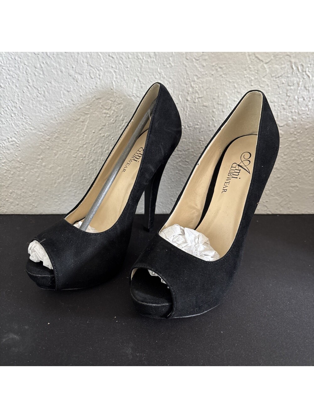 AMI Clubwear Black Faux Suede Peep Toe Platform Size 6.5